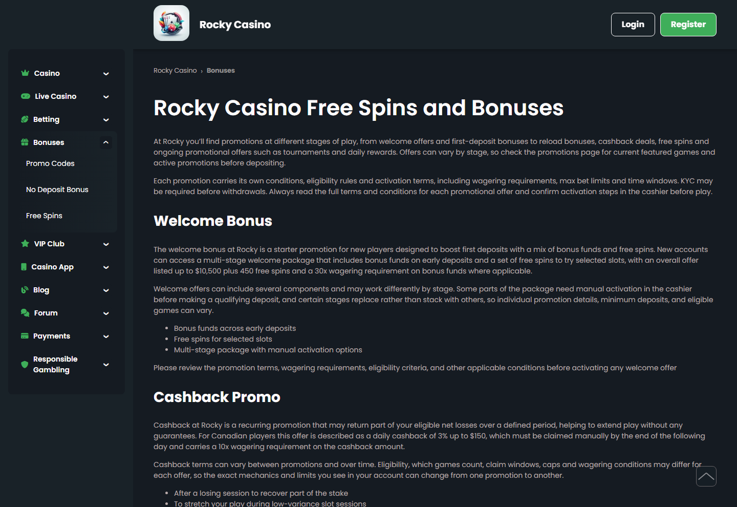 Rocky Casinon bonussivu, jossa alavalikko Promo Codes, No Deposit Bonus ja Free Spins on auki