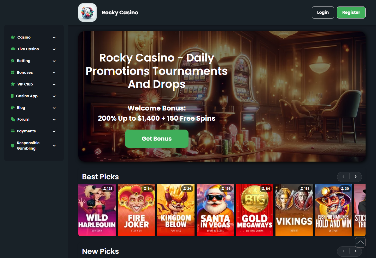 Rocky Casinon etusivu 25. elokuuta 2026, tervetuliaisbonuksen banneri ja pelivalikoima