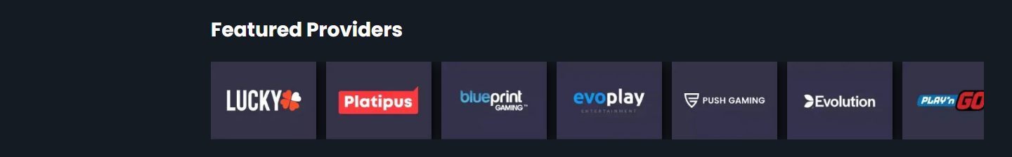 Rivi "Featured Providers" rocky.casinossa: studiologoja ilman tekstiä otsikon alla